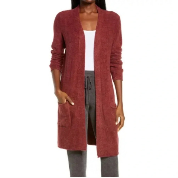 Barefoot Dreams Cozy Chic Lite Rust Knit Long Cardigan Pockets Size Small - Picture 1 of 9